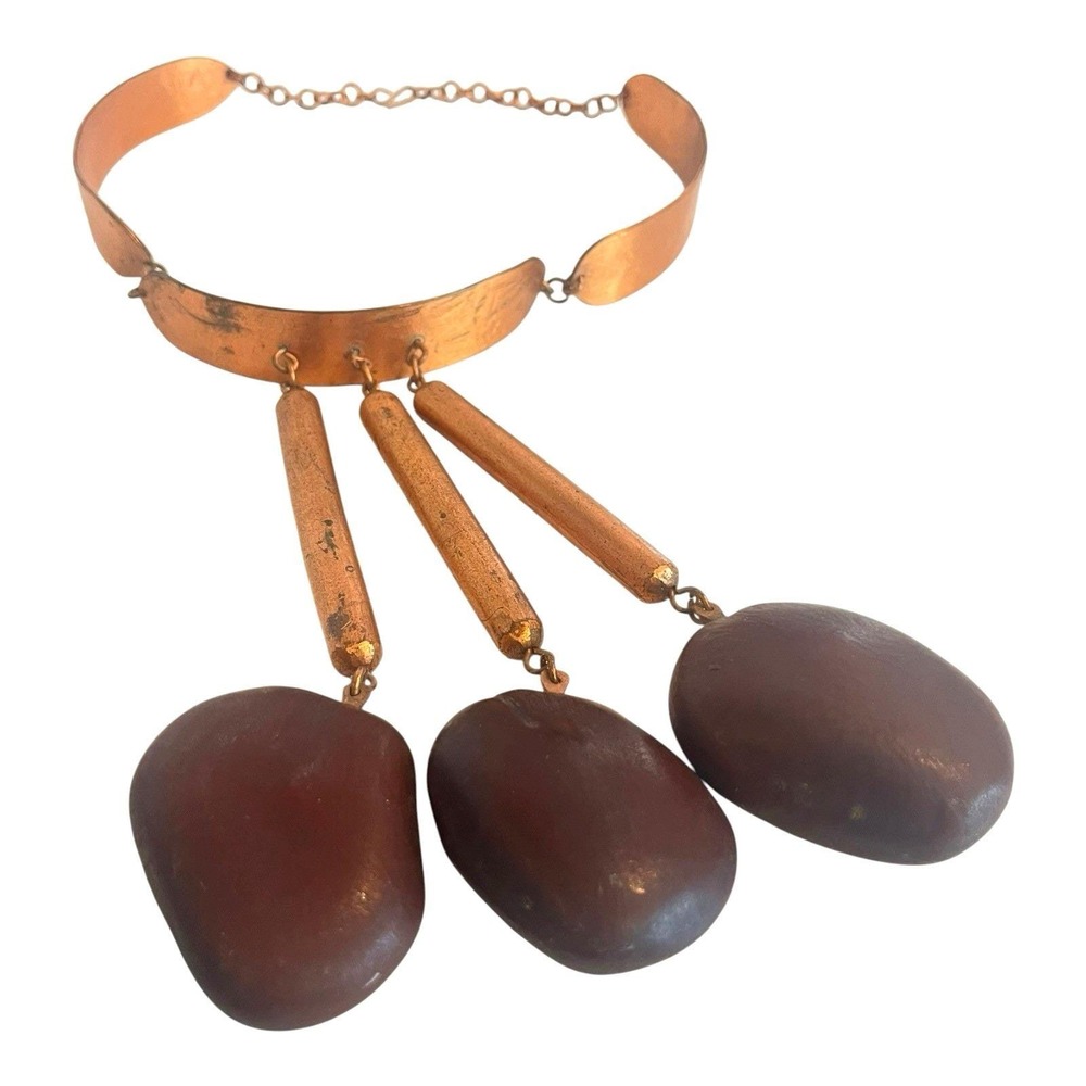 Vintage Hammered Copper Collar Tagua Nut Vegetable Ivory Dangle Necklace
